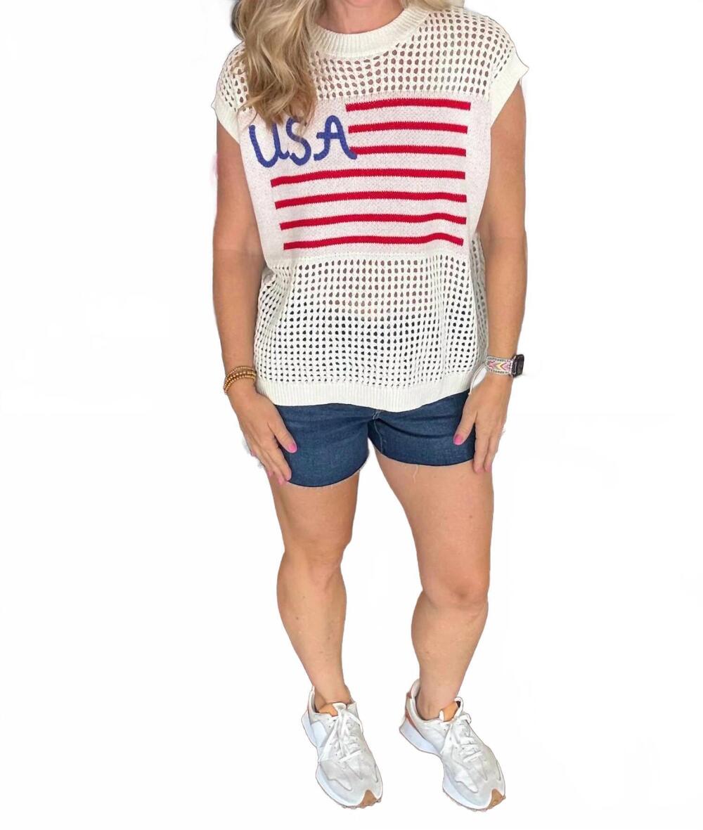 NEW MAIN STRIP open knit usa top in white